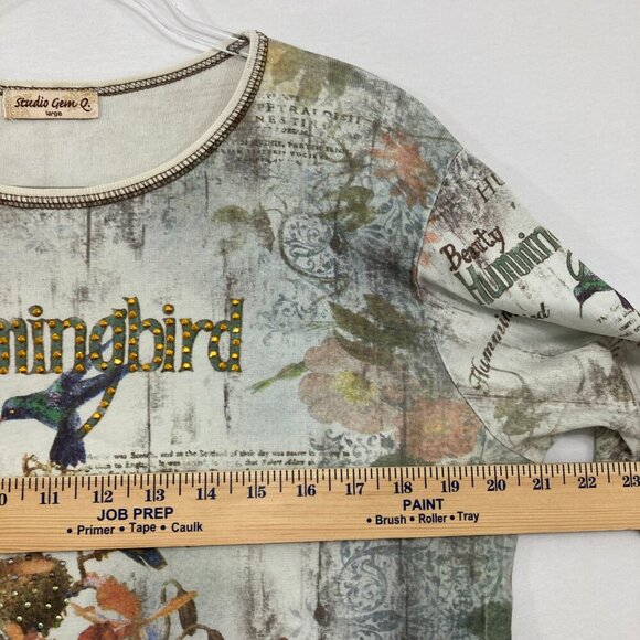 Studio Gem Q. Large Hummingbird Stretch Knit Crew Neck 3/4 Sleeve Artsy Boho Top - Picture 6 of 10